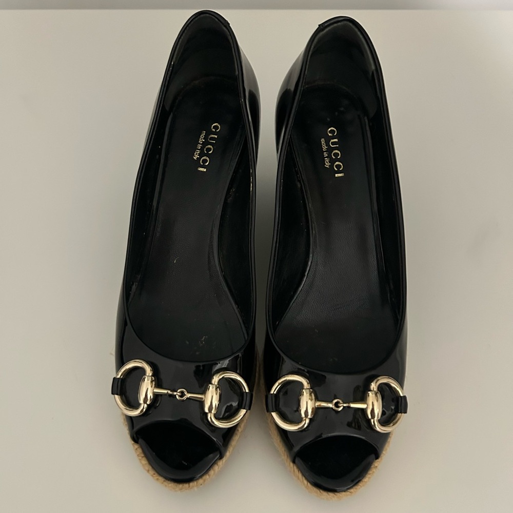 Gucci Black Patent Espadrille Wedge